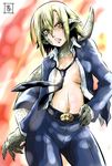  areola_slip areolae belt_buckle blonde_hair breasts buckle claws cowboy_shot formal frown hand_on_hip liz_(monster_musume) lizard_girl lizard_tail medium_breasts monster_girl monster_musume_no_iru_nichijou navel necktie open_clothes open_shirt orange_eyes pointy_ears s-now scales shirt signature solo suit tail 