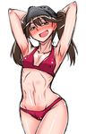  armpits arms_up bikini breasts brown_eyes brown_hair fang highres kantai_collection long_hair mitsurugi_tsurugi ryuujou_(kantai_collection) small_breasts smug solo standing swimsuit troll_face twintails visor_cap 