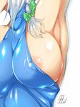  areola_slip areolae arm_up armpits blue_leotard braid breasts covered_nipples izayoi_sakuya large_breasts leotard sideboob silver_hair simple_background solo tajima_yuuki touhou white_background 