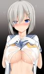  black_background blue_eyes blush breasts buttons collarbone dripping eyes_visible_through_hair flying_sweatdrops gloves gradient gradient_background grey_background hair_ornament hair_over_one_eye hairclip hamakaze_(kantai_collection) hands_on_own_chest kantai_collection large_breasts looking_at_viewer open_clothes paizuri_invitation school_uniform serafuku short_hair short_sleeves silver_hair solo takeyuu tears uniform wet wet_clothes white_gloves 