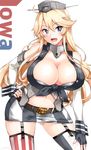  :d bare_shoulders belt belt_buckle black_gloves blonde_hair blush breasts buckle character_name cleavage fingerless_gloves front-tie_top garter_straps gloves hand_on_hip hand_on_own_knee hat headgear highres iowa_(kantai_collection) kantai_collection large_breasts long_hair mismatched_legwear navel open_mouth purple_eyes simple_background skirt smile solo star star-shaped_pupils striped striped_legwear symbol-shaped_pupils thighhighs vertical-striped_legwear vertical-striped_skirt vertical_stripes white_background yuuki_hb 