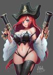 adapted_costume aqua_eyes bare_shoulders black_panties blue_eyes breasts dual_wielding eyes_visible_through_hair grey_background gun hat highleg highleg_panties holding large_breasts league_of_legends lips long_hair looking_at_viewer midriff navel panties parted_lips pirate_hat qblade red_hair sarah_fortune simple_background skindentation solo thick_thighs thighhighs thighs underwear very_long_hair wavy_hair weapon wide_hips wide_sleeves 