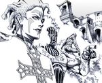  building cioccolata crosshatching facial_mark graphite_(medium) green_day_(stand) greyscale jojo_no_kimyou_na_bouken lipstick looking_afar makeup male_focus monochrome multiple_boys nobita oasis_(stand) pointing secco smile stand_(jojo) striped traditional_media vento_aureo 