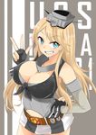  bad_id bad_pixiv_id blonde_hair blue_eyes breasts capoki character_name detached_sleeves fingerless_gloves gloves grin hat iowa_(kantai_collection) kantai_collection large_breasts long_hair smile solo star v 