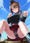  blush brown_eyes brown_hair girls_und_panzer hat kuromorimine_military_uniform looking_at_viewer military military_uniform nishizumi_maho panties short_hair solo sue_(bg-bros) underwear uniform 