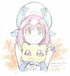  beret blush commentary_request creature dated digimon digimon_linkz gloves green_eyes hat holding kurihara_hina microphone nyaromon pink_hair red_eyes smile t-okada traditional_media white_gloves 