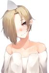  bad_id bad_pixiv_id blonde_hair blush brown_eyes closed_mouth collarbone ear_piercing ghost_costume hair_over_one_eye head_tilt highres hplay idolmaster idolmaster_cinderella_girls long_sleeves looking_at_viewer piercing shirasaka_koume short_hair simple_background sleeves_past_wrists solo triangular_headpiece upper_body 