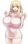  774_(nanashi) :d blonde_hair blush breasts highres huge_breasts long_hair long_sleeves looking_at_viewer naked_sweater open_mouth ribbed_sweater simple_background smile solo sunohara_ayaka sunoharasou_no_kanrinin-san sweater white_background yellow_eyes 