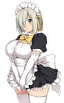  :o alternate_costume apron black_dress blue_eyes blush bow bowtie breasts chestnut_mouth dress elbow_gloves enmaided gloves hair_ornament hair_over_one_eye hair_ribbon hairclip hamakaze_(kantai_collection) kantai_collection kuronyan large_breasts looking_at_viewer maid maid_headdress open_mouth puffy_short_sleeves puffy_sleeves ribbon shiny shiny_skin short_hair short_sleeves silver_hair simple_background solo standing tareme thighhighs thighs v_arms white_background white_gloves white_legwear yellow_bow yellow_neckwear yellow_ribbon 