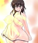  blue_eyes breasts brown_hair curvy double_cross_(f.e.a.r.) dxyuzu fat hair_ornament hairclip large_breasts looking_at_viewer messy_hair navel nipples panties panty_pull plump puffy_nipples smile solo sweat tamano_tsubaki thick_thighs thighs topless underwear undressing wide_hips 