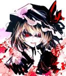  bangs blonde_hair bow bright_pupils eyelashes fang_out finger_to_mouth flandre_scarlet hair_between_eyes hat hat_bow lips looking_at_viewer mob_cap paint_splatter red_eyes scribble short_hair short_sleeves slit_pupils solo touhou uni_(bom19850101) white_background white_pupils 