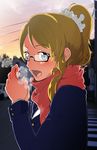  1girl ayase_eli bangs black-framed_glasses blazer blonde_hair blue_jacket blush breasts breath building eyelashes female from_side glasses hands_up high_ponytail jacket kaminosaki long_hair long_sleeves looking_at_viewer love_live!_school_idol_project open_mouth outdoors ponytail scarf school_uniform semi-rimless_glasses sky solo steam under-rim_glasses upper_body 