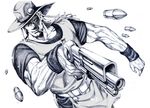  blurry bullet cigarette cleft_chin cowboy_hat crosshatching emperor_(stand) graphite_(medium) greyscale gun hat highres hol_horse jojo_no_kimyou_na_bouken long_hair male_focus monochrome mouth_hold muscle nobita solo stand_(jojo) stardust_crusaders traditional_media veins weapon wristband 