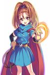  :d arm_warmers barbara belt blue_dress brown_eyes brown_hair cape dragon_quest dragon_quest_vi dress fire gan_(shanimuni) gloves hair_between_eyes hand_on_hip high_ponytail long_hair looking_at_viewer magic open_mouth red_cape simple_background smile solo standing teeth whip white_background yellow_gloves 