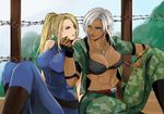  abs black_bra blonde_hair blue_eyes bra breasts brown_eyes camouflage chin_grab cleavage dark_skin dog_tags fence fingerless_gloves full-length_zipper gloves hayame_(m_ayame) impossible_clothes interracial large_breasts lips long_hair multiple_girls navel open_clothes ponytail sarah_bryant silver_hair sitting toned underwear vanessa_lewis virtua_fighter yuri zipper 