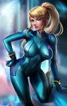  1girl beauty_mark blonde_hair blue_eyes body_suit breasts elbow_gloves gloves highres large_breasts leaning_forward lips long_hair looking_at_viewer metroid mole navel parted_lips ponytail samus_aran shiny shiny_skin smile solo terufuu zero_suit 