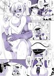  1girl admiral_(kantai_collection) blush breasts censored comic cross flying_sweatdrops full-face_blush graf_zeppelin_(kantai_collection) hand_on_another's_stomach hat hetero iron_cross kantai_collection kyougoku_shin large_breasts looking_away military military_uniform monochrome naval_uniform necktie nude open_mouth peaked_cap shower_head translated uniform wet 