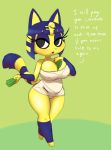  animal_crossing ankha_(animal_crossing) anthro bangs belly big_breasts biped bit-small black_eyes blue_hair blunt_bangs breasts cleavage clothed clothing dialogue digital_media_(artwork) domestic_cat egyptian english_text eyelashes eyeshadow felid feline felis female hair hi_res makeup mammal money nintendo nipple_bulge open_mouth short_stack simple_background slightly_chubby solo text thick_thighs uraeus video_games voluptuous wide_hips 