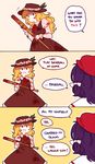  3koma baseball_bat blonde_hair blood blood_on_face blood_splatter blood_stain bloody_clothes comic commentary dolls_in_pseudo_paradise dress english extra hair_ribbon hat jacket_girl_(dipp) label_girl_(dipp) multiple_girls nekolina open_mouth purple_hair ribbon smile touhou 