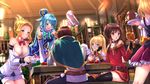  5girls :d alcohol aqua_(konosuba) back bangs bare_shoulders beer beer_mug belt black_gloves black_legwear blonde_hair blue_eyes blue_hair blue_legwear blue_skirt blush bottle bow bowtie braid breasts brick_wall brown_hair ceiling cleavage closed_mouth collar commentary cross-laced_clothes crystal cup darkness_(konosuba) detached_collar detached_sleeves dress drunk eyebrows eyebrows_visible_through_hair fingerless_gloves flat_chest folded_ponytail food food_on_face gem gloves hair_ornament hair_rings half_updo hand_on_own_cheek head_rest highres holding holding_cup holding_food kneeling kono_subarashii_sekai_ni_shukufuku_wo! lamp large_breasts leaning_forward long_hair looking_at_another luna_(konosuba) meal meat megumin multiple_girls no_hat no_headwear off-shoulder_dress off_shoulder on_table open_mouth out_of_frame pants paper pauldrons plate pleated_skirt pointing ponytail railing red_bow red_eyes red_neckwear restaurant sash satou_kazuma short_dress short_hair_with_long_locks shorts sitting skirt smile sphere stairs swept_bangs swordsouls table thighhighs tomato tray tree vegetable waitress walking wavy_mouth window wine_bottle wooden_table x_hair_ornament yellow_bow yellow_eyes 