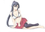  black_hair black_legwear blush bra breasts cleavage error kantai_collection looking_at_viewer medium_breasts navel ponytail red_eyes red_skirt single_thighhigh skirt smile solo thighhighs underwear vent_arbre white_bra wrong_feet yahagi_(kantai_collection) 