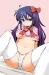  ageha_(kyoukai_no_rinne) bow breasts hair_bow highres kyoukai_no_rinne long_hair medium_breasts nipple_slip nipples panties purple_eyes purple_hair school_uniform shirogane_(platinum) solo thighhighs underwear white_panties 