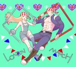  1girl bandana billy_kane blonde_hair blue_eyes brother_and_sister fatal_fury fingerless_gloves flag flag_print gloves heart lilly_kane long_hair muscle short_hair siblings staff the_king_of_fighters three_section_staff yk 