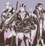  bald bandana billy_kane black_hair blonde_hair fatal_fury formal gloves hopper_(fatal_fury) long_hair male_focus multiple_boys necktie ripper_(fatal_fury) smile staff steam suit sunglasses the_king_of_fighters trench_coat yk 