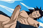  1boy abs bara buranko! fairy_tail gajeel_redfox looking_at_viewer male_focus muscle naughty_face pecs penis pov solo testicles topless yaoi 
