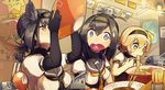  :3 a ahoge akizuki_(kantai_collection) al_bhed_eyes bad_id bad_pixiv_id black_gloves black_hair blue_eyes bodysuit bowl breasts brown_eyes brown_hair chopsticks chou-10cm-hou-chan chou-10cm-hou-chan_(hatsuzuki's) chou-10cm-hou-chan_(teruzuki's) clothes_writing corset eating food gloves hachimaki hair_flaps hair_ornament hairband hatsuzuki_(kantai_collection) headband holding indoors kantai_collection light_brown_hair long_hair multiple_girls neckerchief noodles one_eye_closed open_mouth osaki_naya ponytail poster_(object) ramen school_uniform serafuku short_hair short_ponytail short_sleeves small_breasts sparkle surprised sweat sweatdrop teruzuki_(kantai_collection) turret 