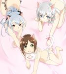  :o all_fours anastasia_(idolmaster) animal_ears bangs barefoot blue_eyes blush brown_eyes brown_hair cat_day cat_ears cat_lingerie cross cross_earrings earrings highres idolmaster idolmaster_cinderella_girls jewelry long_hair looking_at_viewer maekawa_miku meme_attire multiple_girls navel nyan_nyan_nyan_(idolmaster) on_bed open_mouth panties paw_pose ribbon short_hair side-tie_panties silver_hair smile tail tail_ribbon takamine_noa underwear underwear_only yasumoli 