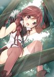  :d arrow bad_id bad_pixiv_id banned_artist blush boots bow_(weapon) braid gloves hai_to_gensou_no_grimgar hair_over_shoulder happy long_hair mirai_(macharge) open_mouth quiver red_eyes red_hair shorts single_braid sitting smile solo thighhighs tree weapon yume_(grimgar) 
