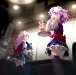  alternate_costume apron bangs black_legwear bow ceiling ceiling_light cocktail_umbrella cup dessert dogoo dress eating food frilled_apron frilled_dress frills from_below hair_ornament highres holding holding_tray ice_cream indoors long_hair looking_at_another looking_at_viewer looking_back multiple_girls nepgear neptune_(choujigen_game_neptune) neptune_(series) panties parfait parted_lips picture_(object) picture_frame pouring purple_dress purple_eyes purple_hair restaurant sash segamark shirt short_dress short_hair short_sleeves sleeveless sleeveless_dress smile striped striped_panties sundae sweatdrop table teacup teapot thighhighs tray underwear uniform wafer white_shirt window 