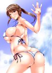  ass bad_anatomy bikini blush breasts brown_eyes brown_hair idolmaster idolmaster_cinderella_girls kanten large_breasts long_hair mifune_miyu smile solo swimsuit 