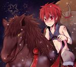  1boy blush bodypaint boots child dark elsword elsword_(character) horse looking_at_viewer male_focus night outdoors red_eyes red_hair riding rune_slayer sack santa_boots shorts smile solo stars vest waysin966 