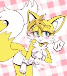  2019 anthro black_nose blonde_hair blue_eyes blush breasts canid canine clothed clothing covering covering_breasts crossgender dipstick_tail embarrassed female fox fur gloves hair half-closed_eyes hi_res mammal michiyoshi miles_prower multicolored_tail solo sonic_(series) speech_bubble topless video_games white_fur yellow_fur 