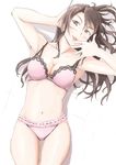  arms_up ashigara_(kantai_collection) bare_shoulders blush bra breasts brown_eyes brown_hair cleavage hairband hand_on_own_head highres kantai_collection long_hair looking_at_viewer medium_breasts navel open_mouth panties pink_bra pink_panties smile solo tongue tongue_out underwear underwear_only vent_arbre 