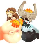  2girls anus ass ass-to-ass brown_hair elf helmet imp invitation legs_together looking_at_viewer lying mato_spectoru midna multiple_girls nintendo nude on_side orange_hair pointy_ears presenting princess_zelda pussy smile spread_ass take_your_pick the_legend_of_zelda the_legend_of_zelda:_twilight_princess tiara uncensored white_background 