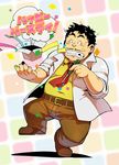  black_hair confetti dr._slump facial_hair fat gift happy_birthday labcoat male_focus mustache necktie norimaki_senbei red_neckwear screwdriver shirt solo streamers surprised translated yellow_shirt yunosuke 