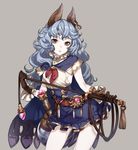  animal_ears bangs bare_legs belt blue_hair blue_skirt brown_eyes brown_gloves bunny_ears cape closed_mouth cowboy_shot crystal earrings erune eyelashes ferry_(granblue_fantasy) frills frown gem gloves granblue_fantasy grey_background high-waist_skirt highres holding holding_weapon hoop_earrings jewelry legs_apart long_hair looking_at_viewer mace pale_skin simple_background single_earring skirt solo wavy_hair weapon whip yuu_(higashi_no_penguin) 