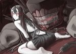  bare_shoulders barefoot battleship_hime black_dress black_hair dress horns kantai_collection long_hair looking_at_viewer machinery open_mouth pale_skin red_eyes shinkaisei-kan sitting solo teeth vent_arbre very_long_hair wariza 