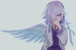  dress hair_over_one_eye hand_on_own_face jacket kishin_sagume long_sleeves looking_at_viewer purple_eyes sakamoto_(pompa) short_hair silver_hair simple_background single_wing solo touhou upper_body wings 