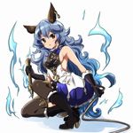  :&lt; animal_ears black_footwear black_legwear blue_hair blush boots breasts brown_eyes earrings erune ferry_(granblue_fantasy) gloves granblue_fantasy holding jewelry long_hair looking_at_viewer ragho_no_erika sideboob simple_background sleeveless small_breasts solo squatting thighhighs wavy_hair whip white_background 