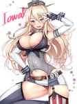  areola_slip areolae bare_shoulders belt belt_buckle blonde_hair blue_eyes blush breasts buckle character_name cleavage commentary elbow_gloves error front-tie_top garter_straps gloves hand_on_hip headgear highres iowa_(kantai_collection) kantai_collection large_breasts long_hair looking_at_viewer miniskirt navel open_mouth panties pantyshot pantyshot_(standing) skirt smile solo standing star star-shaped_pupils striped striped_legwear symbol-shaped_pupils thighhighs underwear untsue v vertical-striped_legwear vertical-striped_skirt vertical_stripes 