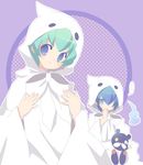  blue_hair cloak ghost_costume green_eyes green_hair hitodama hood hooded_cloak puyopuyo puyopuyo_fever ramune_(ramu33) rei-kun stuffed_animal stuffed_toy teddy_bear yu-chan 