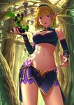  bad_id bad_pixiv_id bangs blonde_hair breasts bridal_gauntlets cleavage_cutout cowboy_shot creature crop_top dappled_sunlight detached_sleeves earrings elf ese_shinshi fantasy fingernails food food_themed_hair_ornament from_below fruit grape_hair_ornament grapes hair_ornament hairband highres holding holding_food holding_fruit jewelry leaf looking_at_viewer medium_breasts midriff miniskirt nail_polish navel open_mouth original outdoors plant pointy_ears purple_eyes purple_hairband purple_nails revealing_clothes short_hair skirt sleeveless solo sunlight 