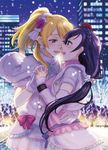  arm_around_waist ayase_eli blonde_hair blush dancing dress earrings flower fukutarou_(enji127) green_eyes hair_flower hair_ornament holding_hands jewelry long_hair looking_at_another love_live! love_live!_school_idol_project multiple_girls purple_hair smile snow_halation teeth toujou_nozomi winter yuri 