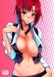  bow bowtie breasts cleavage green_eyes hand_on_hip hand_on_own_chest large_breasts looking_at_viewer midriff navel open_clothes open_shirt red_hair rio_rollins shiroyukimajima shirt smile solo super_blackjack 