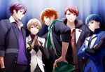  blonde_hair blue_eyes blue_hair brown_hair choker earrings green_eyes hands_together hoshitani_yuuta jewelry joka_(night_gate) kuga_shuu lapel_pin male_focus multiple_boys nayuki_tooru necklace necktie purple_eyes purple_hair red_eyes red_hair scarf smile star_pin starmyu team_ootori tengenji_kakeru tsukigami_kaito yellow_eyes 