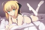  ahoge aqua_eyes artist_name artoria_pendragon_(all) ass black_bow blonde_hair bow bra breasts cleavage closed_mouth eyebrows eyebrows_visible_through_hair fate/grand_order fate/stay_night fate/unlimited_codes fate_(series) hair_bow long_hair looking_at_viewer lying magicians_(zhkahogigzkh) medium_breasts no_shoes on_bed on_stomach panties pillow ponytail saber saber_lily see-through smile solo underwear underwear_only veil white_bra white_legwear white_panties window_shade 